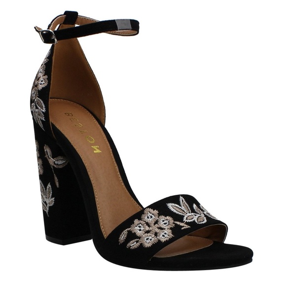 Beston Shoes - Black Embroidered Ankle Strap Heels